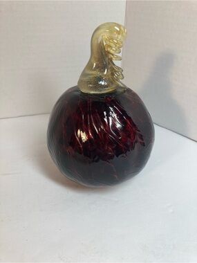 Handblown Glass Decorative Pumpkin - Deep Burgundy with Amber Stem